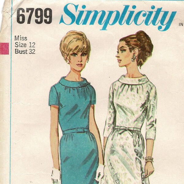 Simplicity 6799 Dress Sewing Pattern, Bias Roll Collar & A-Line or Wiggle Skirt Women Misses Size 12 Bust 32 Vintage 1960s Complete