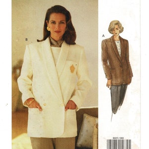 May include: A Vogue Woman sewing pattern envelope 8605 for sizes 8-10-12. The cover features a double-breasted cream blazer with a shawl collar, two front pockets, and gold buttons, alongside an illustration of a brown blazer and dark trousers.