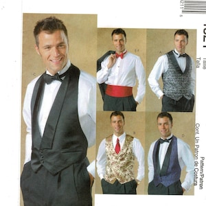May include: A sewing pattern for a tuxedo vest. The pattern includes four different styles of vests, including a classic black satin vest, a patterned vest, and a vest with a shawl collar. The pattern is for sizes small, medium, and large.