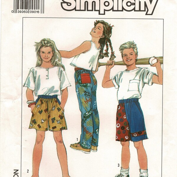 Simplicity 9178 Boy / Girl Shorts in 2 Lengths & Pants Sewing Pattern Kids Surf Club Size S M L or 7, 8-10, 12 Uncut 1980s FF