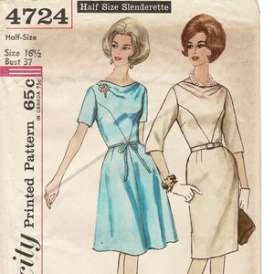 May include: Vintage sewing pattern featuring illustrations of two dresses. The pattern is labeled "4724" and "Half Size Slenderette." The bust size is 37 inches, and the size is 16 1/2. One dress is light blue with a tie waist, and the other is cream-colored with a belt.