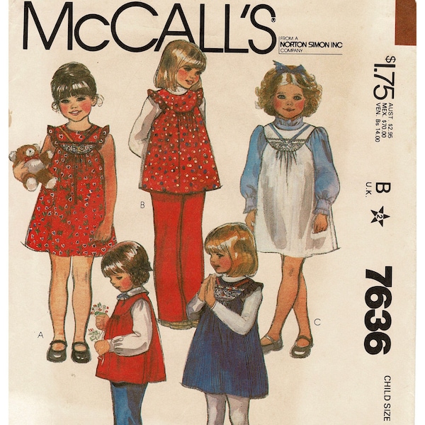McCalls 7636 Easy Girls Dress Jumper or Smock Top Sewing Pattern, Optional lace & ruffles, Child Size 6 Chest 25 Complete 1980s  xf