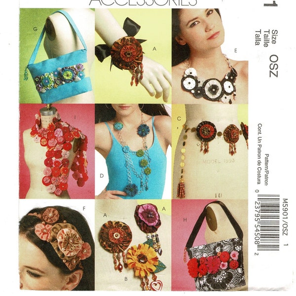 McCalls 5901 Fashion Accessory Gifts Sewing Pattern, Yo-Yo Fabric Flowers, Brooch, Necklace, Bag, Scarf, Complete Uncut FF g
