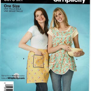 May include: Simplicity sewing pattern 3670 for two apron styles. One apron is yellow with a small floral print and a square pocket. The other is light green with a floral pattern, rounded edges, and two pockets. The package text reads IT'S SO easy IT'S Simplicity.