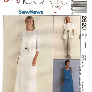 May include: Easy McCall's 2620 sewing pattern envelope featuring illustrations of a vest, skirt, and top. View A shows a vest and pants, View B shows a vest and long skirt, and View C shows a sleeveless top and long skirt. Size 24-26.