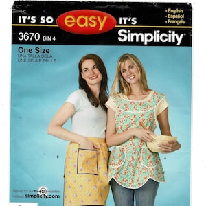 May include: A Simplicity sewing pattern package featuring two women wearing aprons. The package includes the text "It's So Easy" and "Simplicity", along with the number 3670 and the words "One Size". The aprons are yellow and floral patterned.