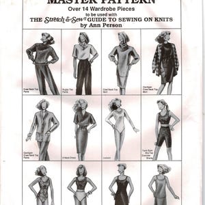 May include: A white paper sewing pattern envelope titled Stretch & Sew Master Pattern featuring illustrations of 14 wardrobe pieces including tops, pants, skirts, dresses, leotards, and slips. The text includes instructions for use with the guide by Ann Person.
