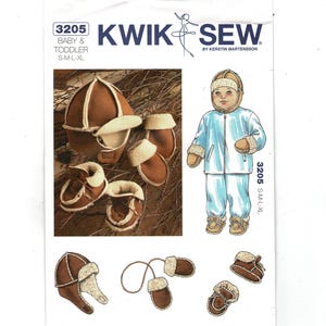 May include: Kwik Sew 3205 sewing pattern for baby and toddler clothing. The envelope features illustrations of a light blue jumpsuit, a brown faux-shearling hat, mittens, and booties with white fleece lining. Sizes S-M-L-XL are printed on the front.