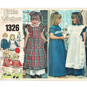 Uncut Little Vogue 1326 Girls Adorable Sewing Pattern, Long or Short DRESS & Ruffled Pinafore APRON Child Size 5 Chest 24, Vintage 1980s fA
