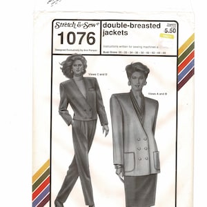 May include: A vintage sewing pattern for double-breasted jackets, labeled "Stretch & Sew 1076." The pattern features illustrations of jacket designs, with bust sizes ranging from 30 to 46 inches. The cover includes text and a colorful stripe design.