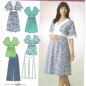 May include: A Simplicity 3888 sewing pattern envelope featuring illustrations of various tops and pants designs. The cover displays a blue and white floral print dress with a V-neckline and white trim, alongside technical sketches of garment variations.