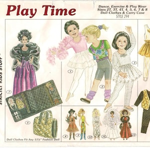 May include: A sewing pattern envelope titled Play Time by Sunrise Designs for doll clothes and a carry case. The illustration features various outfits for 11.5 inch fashion dolls, including dresses, leggings, tops, and a quilted carry case.