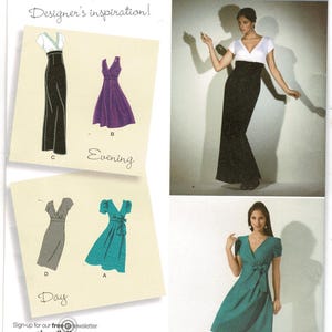 May include: Simplicity sewing pattern 2549, size H5, featuring illustrations and photographs of four dress variations. Designs include a long black gown with a white bodice, a purple knee-length dress, a black and white patterned dress, and a teal dress.