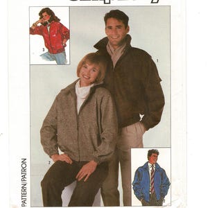 May include: An image of a sewing pattern for bomber jackets. The pattern features illustrations of the jackets in various colors, including brown, red, and blue. The jackets have a classic design with a zipper closure and a collar. The image also includes a photo of a man and woman wearing the jackets.