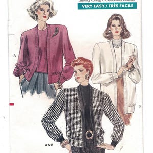 May include: A vintage sewing pattern featuring illustrations of women's jackets. The jackets include a solid mauve bomber jacket, a white cardigan, and a black and white houndstooth jacket. The text "VERY EASY / TRÈS FACILE" is at the top.