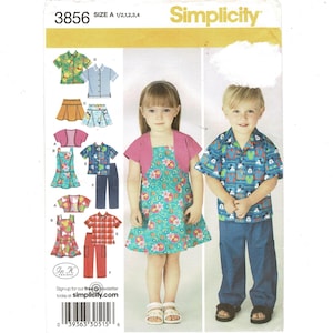 May include: Simplicity pattern 3856 for children's clothing. The pattern includes options for dresses, shirts, skirts, and pants. The image shows a girl wearing a floral dress and pink bolero, and a boy in a blue Mickey Mouse shirt and blue pants.