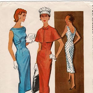May include: Vintage fashion illustration featuring three women in stylish dresses. One woman wears a blue sheath dress, another a red dress with a cape, and the third a white dress with black polka dots. All wear gloves and have stylish hairstyles.