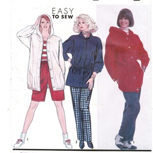 May include: An illustration of three women modeling different outerwear garments. The first woman is wearing a white hooded jacket over a red and white striped shirt and red shorts. The second woman is wearing a navy blue jacket and plaid pants. The third woman is wearing a red hooded jacket and blue jeans. The text "EASY TO SEW" is at the top.