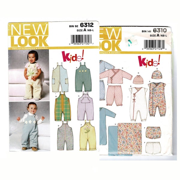 New Look 6310 and 6312 Baby Clothes Sewing Patterns, Shirt Pants Hat Coveralls, Size Newborn Boy or Girl to Large (21 to 24 lbs) UNCUT FF