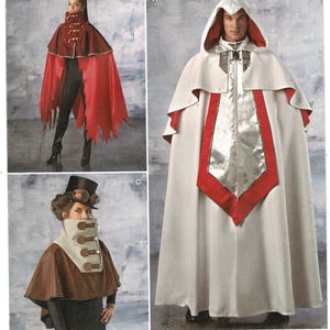 May include: Simplicity pattern 1040 A features three costume designs: a red and brown high-collar cape, a long white hooded cloak with a silver and red front panel, and a brown shoulder cape with a high neck collar and metallic buckle details.