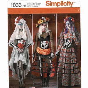 May include: Simplicity sewing pattern 1033 H5 for Day of the Dead costumes. Includes three variations featuring skeleton-print bodices, hoop skirts, lace veils, and floral headpieces. Sizes US 6-14, Euro 32-40. Designs feature skull makeup and bone-patterned tights.