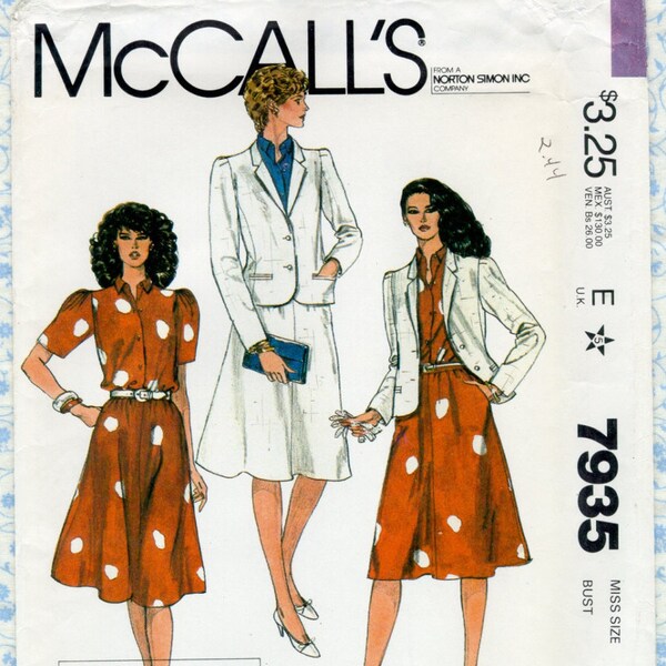 McCalls 7935 Suit Jacket Blouse & Gathered Skirt Woman Sewing Pattern, Misses Size 12 Complete 1980s Uncut FF q