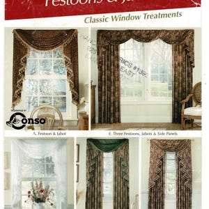 May include: Simplicity Home Decorating sewing pattern for window treatments featuring festoons and jabots. The cover displays five variations of curtains, including lace and patterned fabric designs, with labels A, B, C, D, and E for each style.