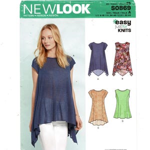 May include: A New Look sewing pattern for knit tops, S0869, featuring a woman wearing a blue top with a unique asymmetrical hem. The pattern includes multiple top designs in various colors and sizes U.S. 6-18.