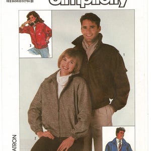 May include: Simplicity sewing pattern 8313 size MD features illustrations of three jacket styles. One shows a red jacket, another a brown jacket with a high collar, and a third a blue jacket worn over a collared shirt and striped tie.
