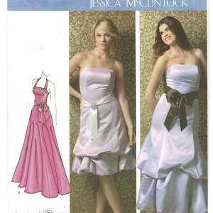 May include: Simplicity sewing pattern 3885 for Jessica McClintock dresses. Includes a pink halter-neck gown with a bow, a knee-length lavender strapless dress with a white sash, and a floor-length lavender strapless dress with a dark brown sash.