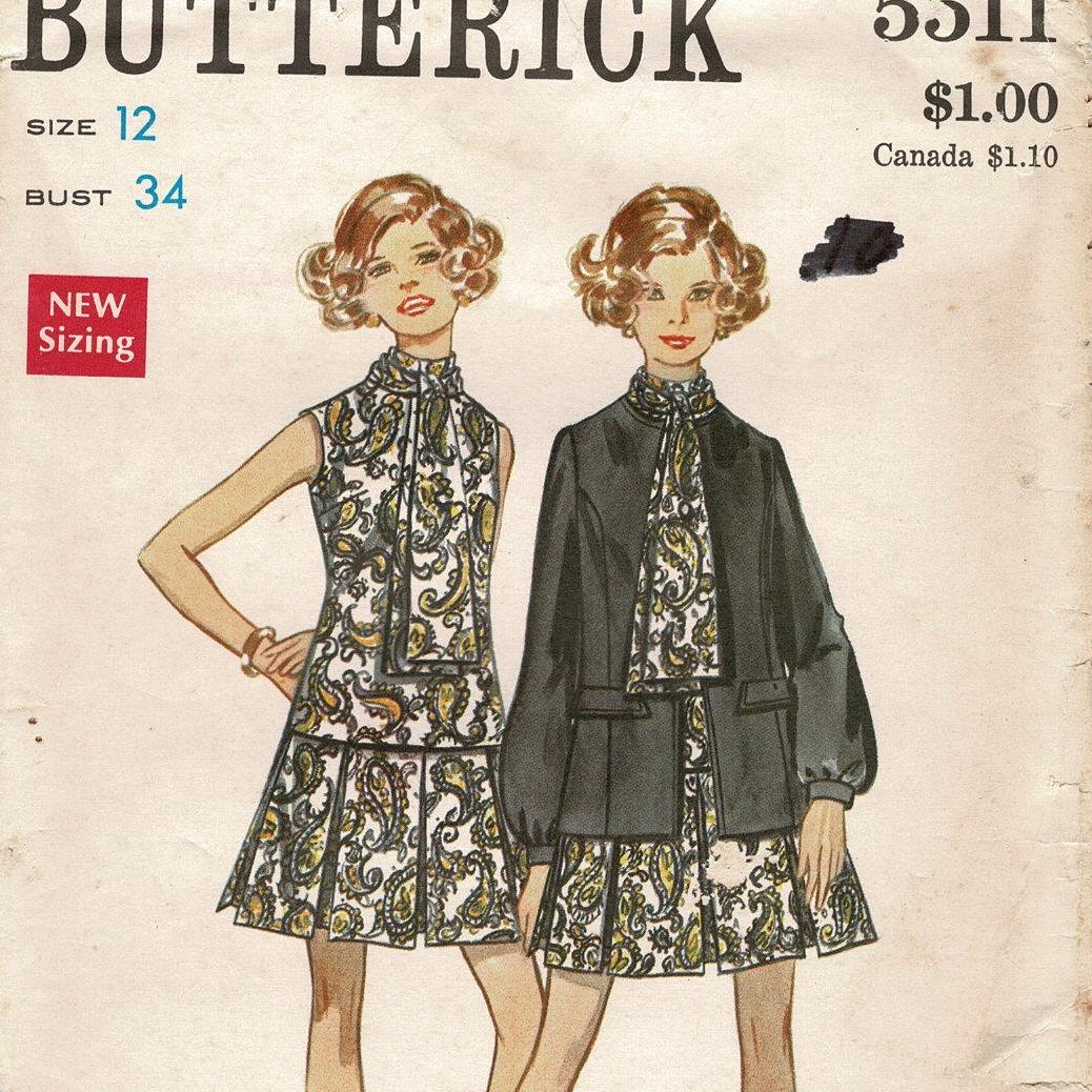 UNCUT Butterick 5511 Woman Sewing Pattern, JACKET & Sleeveless DRESS w/ low waist, pleated skirt Misses 12 Bust 34 inch Vintage 1970s ff  kz