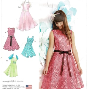May include: Simplicity sewing pattern 1213 for girls' dresses, sizes 8-16. The image shows a young girl wearing a pink lace dress with a black ribbon belt. The pattern includes illustrations of various dress styles, including a blue polka dot dress and a green dress.