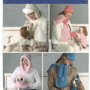 May include: Simplicity pattern 4316 featuring sewing instructions for matching human and dog apparel. Includes sets of hats, scarves, and coats in various textures and colors like cream faux fur, pink tweed, light pink fleece, and blue fleece fabric.