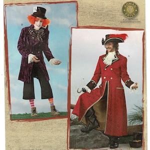May include: Simplicity sewing pattern 2333 for costumes in sizes L-XL. The package features two designs: a purple velvet-textured coat with a top hat and orange hair, and a red long coat with a pirate hat, white lace cravat, and a hook accessory.