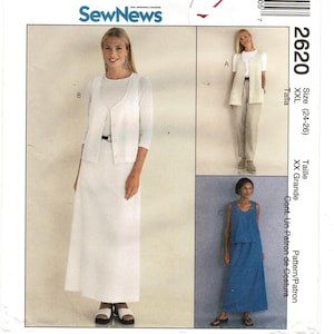 May include: SewNews pattern 2620 featuring three different women's outfits. The outfits include a white skirt and cardigan set, a vest and pants ensemble, and a blue top and skirt combination. The pattern size is XXL (24-26).