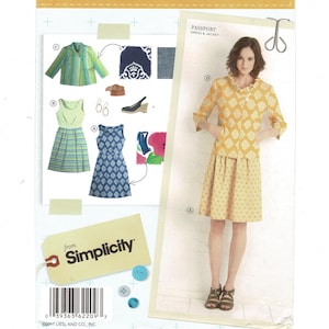 May include: A sewing pattern for a dress and jacket. The pattern is from Simplicity and has a barcode with the number 039363 62209 3. The pattern includes a yellow dress with a white pattern, a green and white striped dress, a blue and white patterned dress, a green jacket, and a blue and white patterned fabric swatch.
