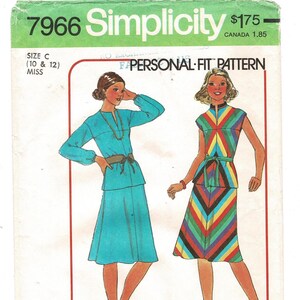 May include: A Simplicity 7966 sewing pattern envelope for a Personal Fit Pattern in size C (10 & 12). The cover features illustrations of two outfits: a solid turquoise long-sleeved top and skirt with a belt, and a multi-colored striped top and skirt.