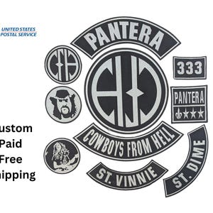 May include: A collection of black and silver embroidered patches featuring the band Pantera. The set includes a large circular logo, curved rockers with the text Pantera, Cowboys From Hell, St. Vinnie, and St. Dime, plus smaller patches with 333, CFH, and portraits.