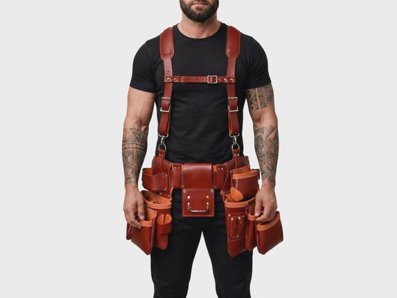 Leather Tool Belt with Suspenders, Carpenter Tool Belt, Construction Work Belt, Electrician Tool Belt, Framing Belt, Heavy Duty Leather Belt
