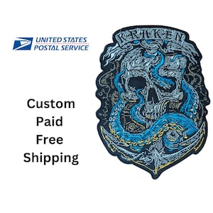May include: An embroidered patch featuring a detailed skull intertwined with blue tentacles and a banner at the top with the text KRAKEN. The design uses black, white, blue, and yellow thread on a dark background with a shield-like shape.