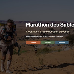 May include: A digital guide titled Marathon des Sables Preparation & race execution playbook with sections for training, fueling, gear, packing, racing, and recovery, featuring buttons for Field guide, Race report, and Nutrition plan.
