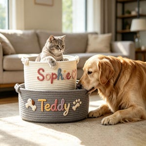 Stackable Cotton Rope Pet Storage Bin, Custom Name Embroidery Cat Dog Toy Basket With Paw Bone Decor Gift For Pet Parents
