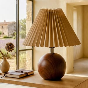 Pleated Fabric Table Lamp | Wood Ball Base Nordic LED Lamp | 3-Color Dimmable Bedside Light | Modern Home Decor