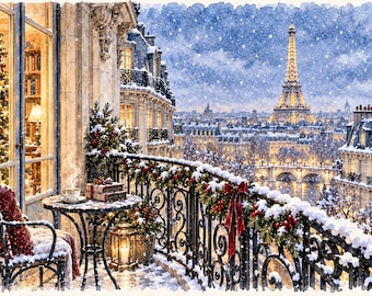May include: A snowy balcony scene in Paris featuring a wrought iron table and chair, a steaming cup, and books. The railing is decorated with evergreen garlands, red berries, and a red bow. The Eiffel Tower is visible in the distance under a winter sky.