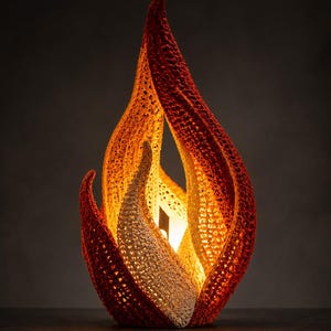 Puede incluir: Una lámpara con forma de llama que presenta un exterior texturizado de ganchillo en tonos degradados de rojo intenso, naranja y crema. La estructura consta de varias capas curvas en forma de pétalos que se estrechan hacia una punta.