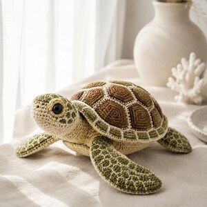 Pu&ograve; includere: Un peluche a forma di tartaruga marina realizzato all'uncinetto, con parte inferiore e testa color crema e dettagli verdi. Il guscio &egrave; composto da motivi esagonali marroni e verde scuro bordati con filo bianco. Occhi scuri e lucidi.