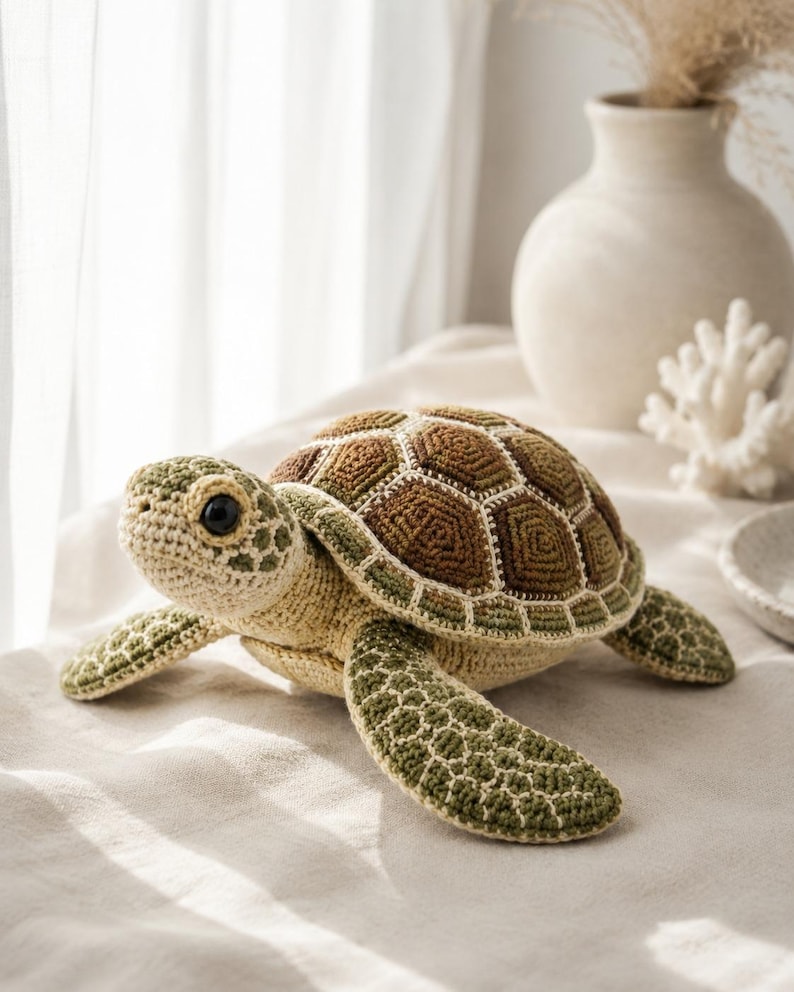 Pu&ograve; includere: Un peluche a forma di tartaruga marina realizzato all'uncinetto, con parte inferiore e testa color crema e dettagli verdi. Il guscio &egrave; composto da motivi esagonali marroni e verde scuro bordati con filo bianco. Occhi scuri e lucidi.