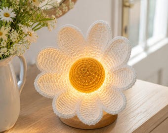 Schema PDF per lampada a margherita all'uncinetto, luce notturna a forma di fiore, lampada decorativa in stile boho per la camera da letto.