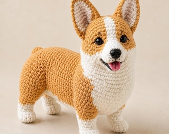 Peluche di cane Corgi all'uncinetto, cucciolo di peluche amigurumi fatto a mano, simpatico animale di peluche Corgi, regalo per amanti dei cani, decorazione per la cameretta.