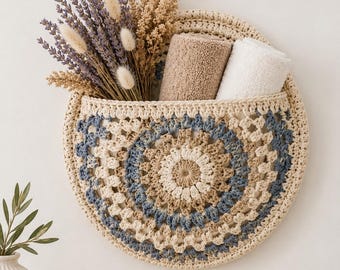 Schema PDF per cestino da parete all'uncinetto, cestino portaoggetti boho, decorazione a forma di mandala da parete